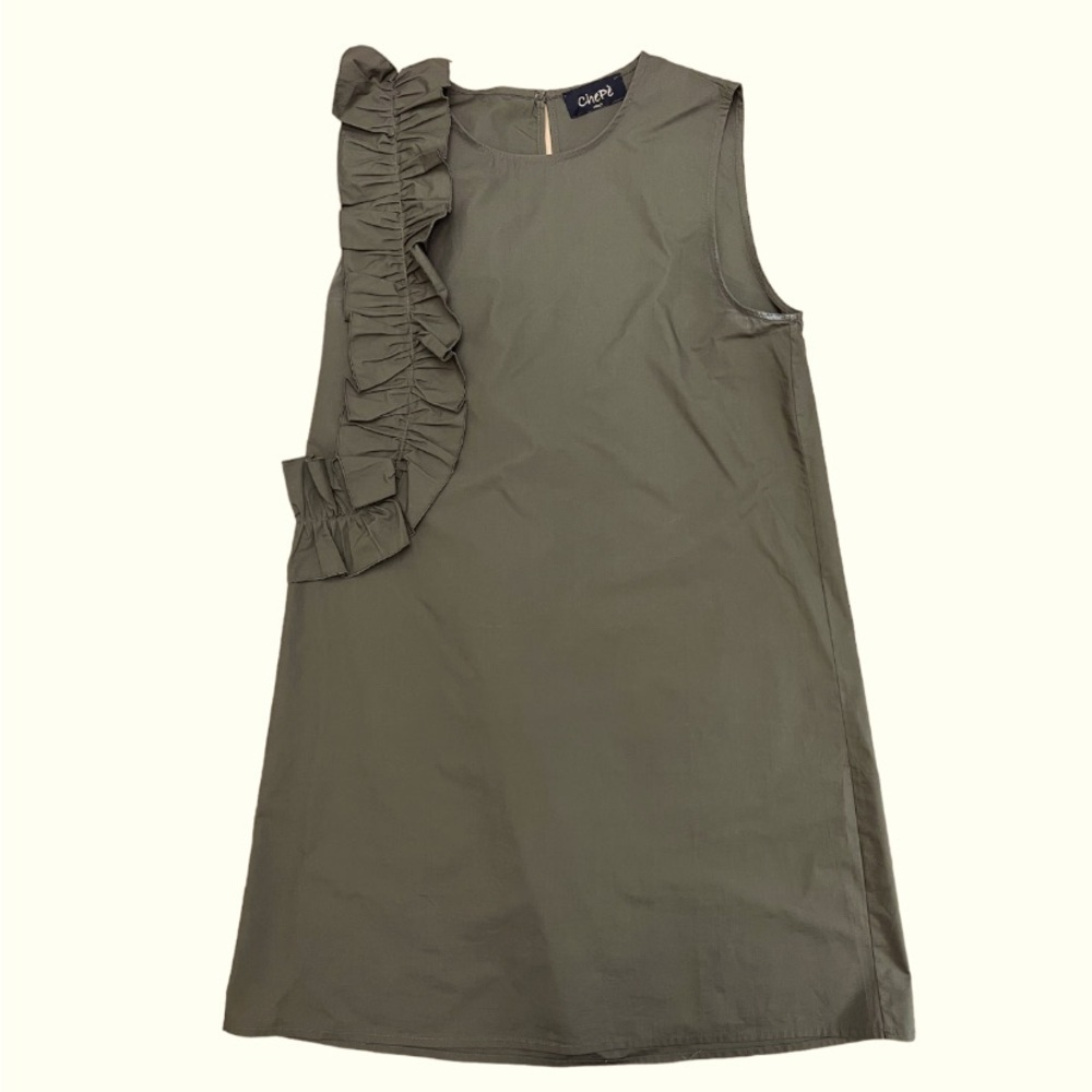 CHEPE Italy Olive Green Cotton Sleeveless Ruffle A-Line Mini Shift Dress Sz Med